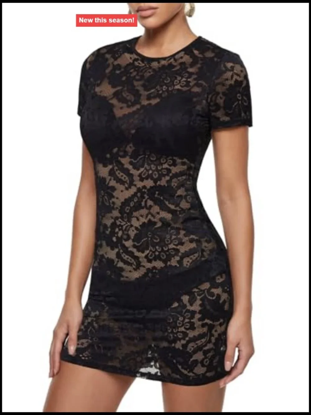 Sheer Mesh Bodycon Mini Dress Club Night Out Short Sleeve Lace See Through